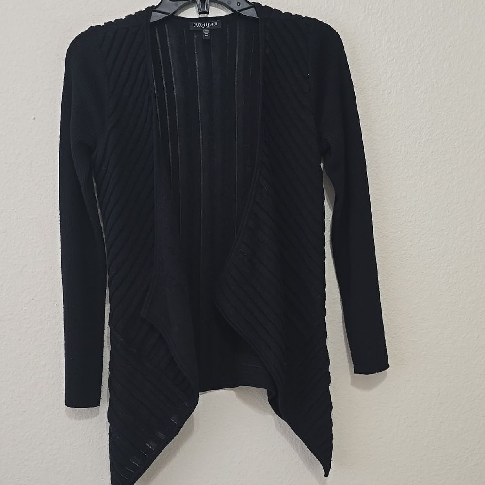 Eileen Fisher Black Cardigan Sweater with Long Sleeves and Draped Front petite